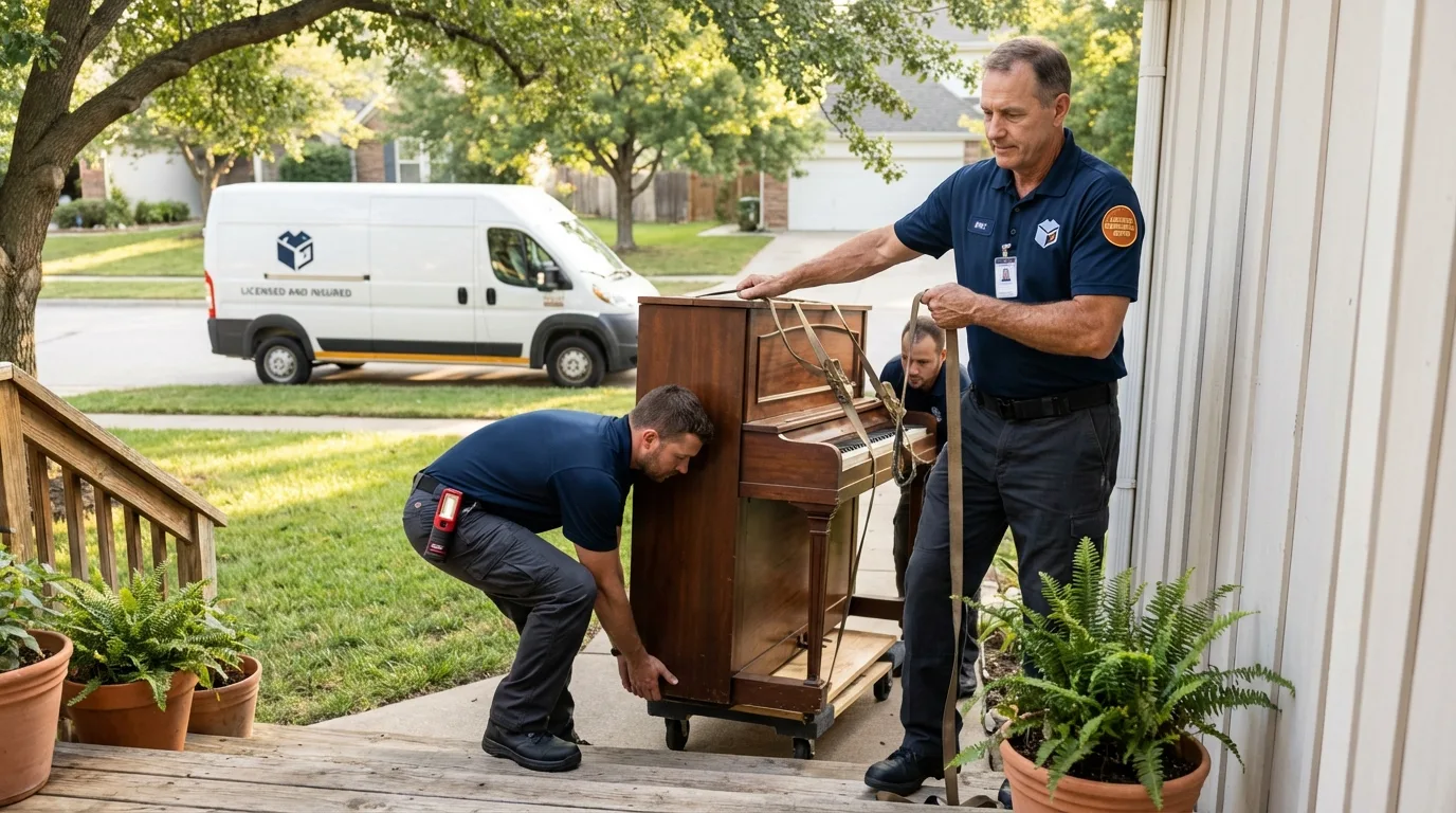 Licensed piano movers securing grand piano in Fairfield, OH