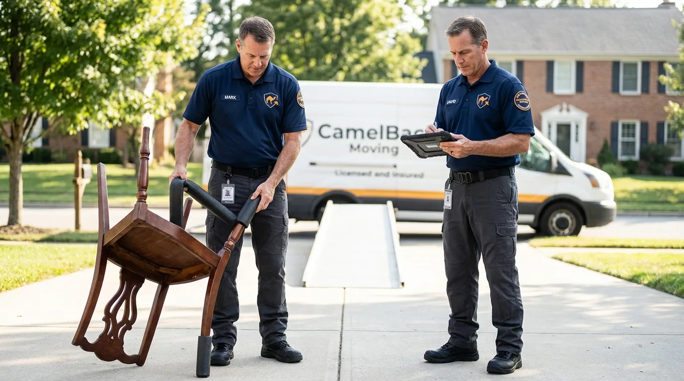 Movers inspecting furniture for damage prevention before loading in Fairfield, OH