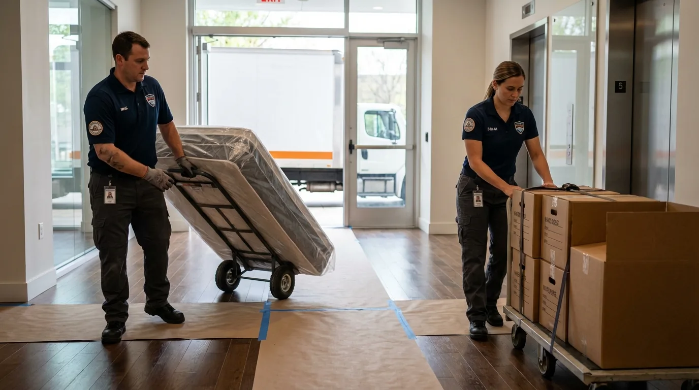 Professional apartment movers loading elevator in Fairfield, OH
