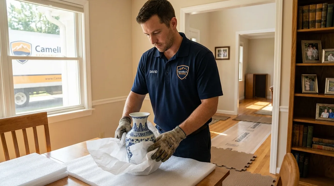 Professional crew carefully wrapping antique vase for senior downsizing move in Fairfield, OH
